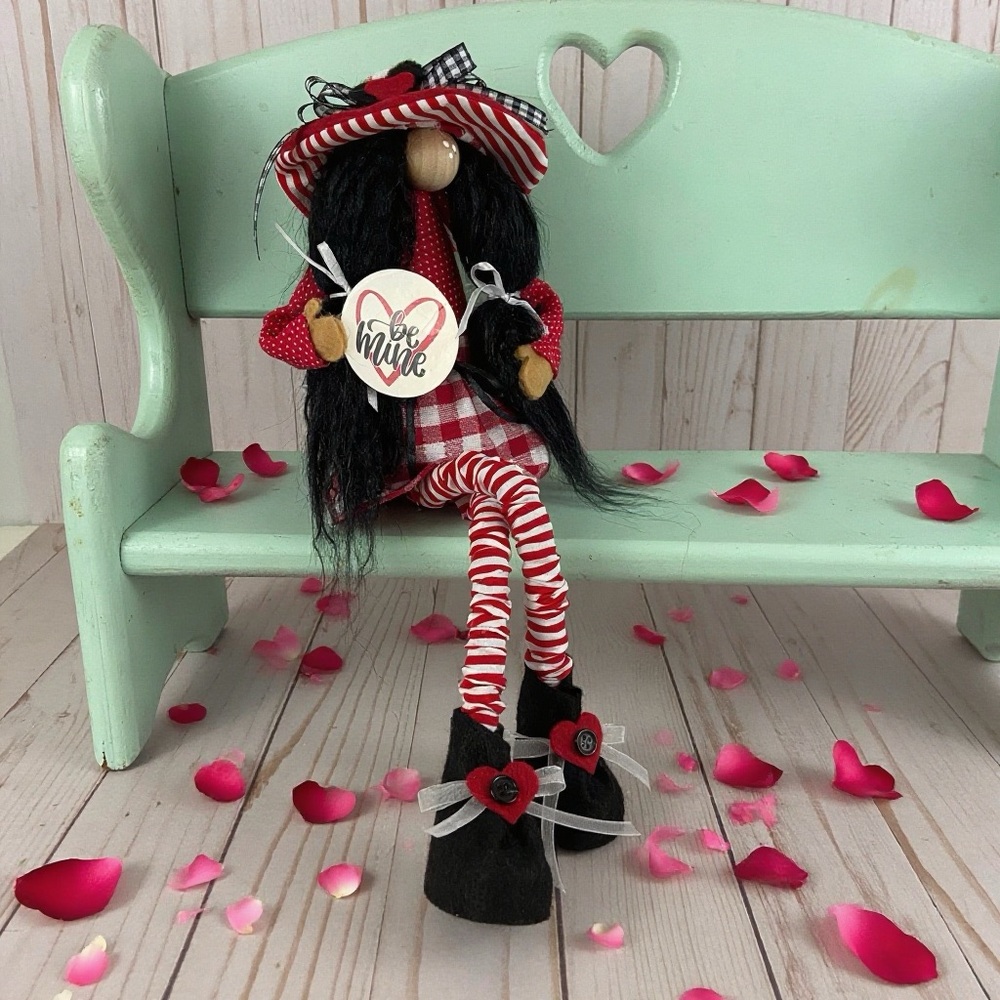 Valentine’s Be Mine Gnome Handmade Sitting Red Plaid Long-Legged Tomte Girl